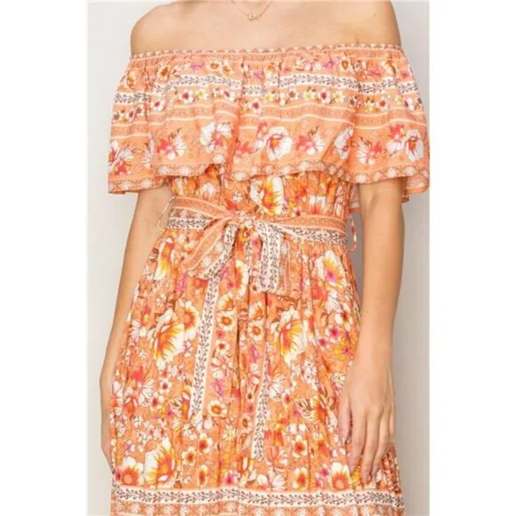 NWT 🌺 HYFVE Floral Off-Shoulder Tie Front Maxi Dress, Apricot, Flowy, Feminine - Picture 5 of 5